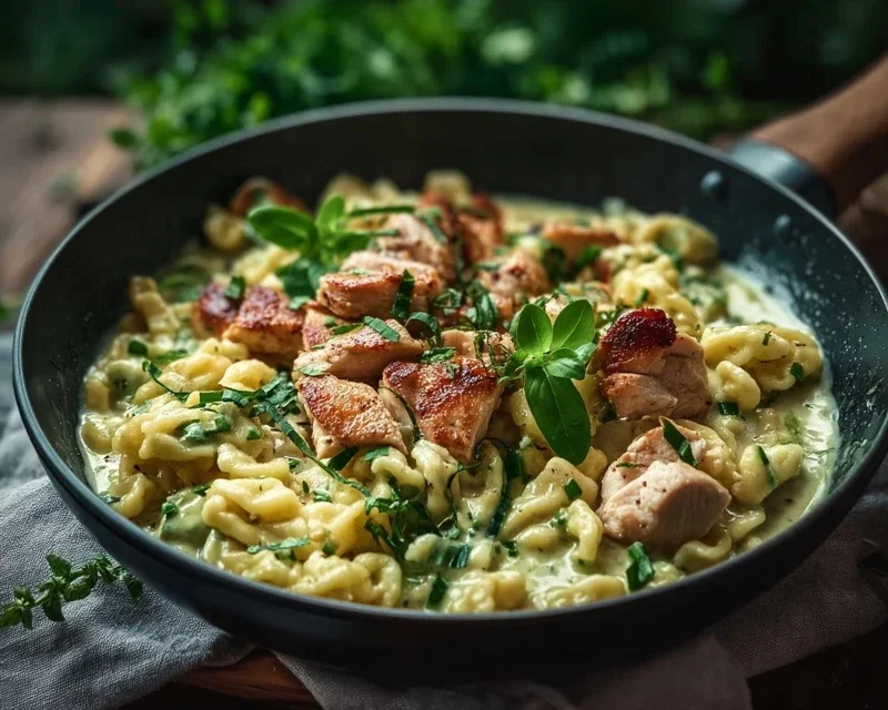 Spaetzle Pfanne Mit Haehnchen In Baerlauchrahm