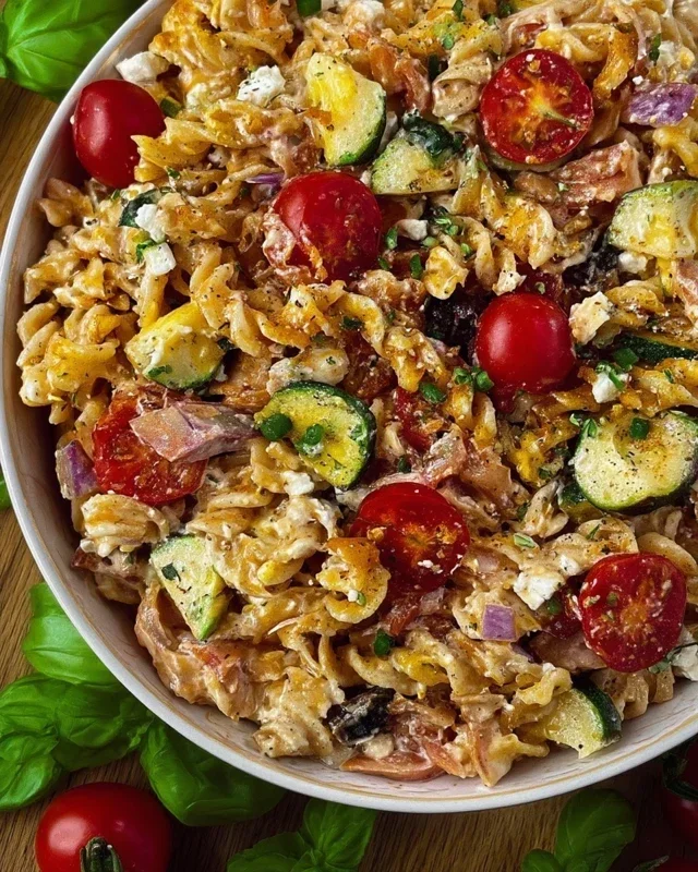 Crispy Pasta Salat mit Feta & Gemüse