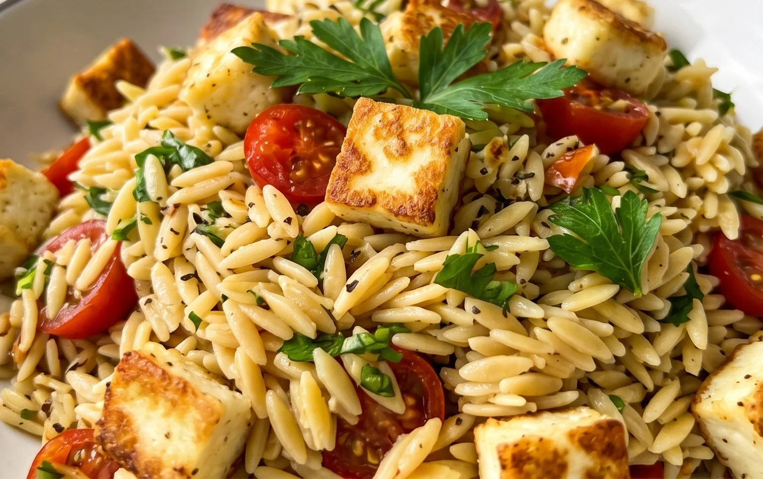 Kritharaki-Salat mit Halloumi-Croutons