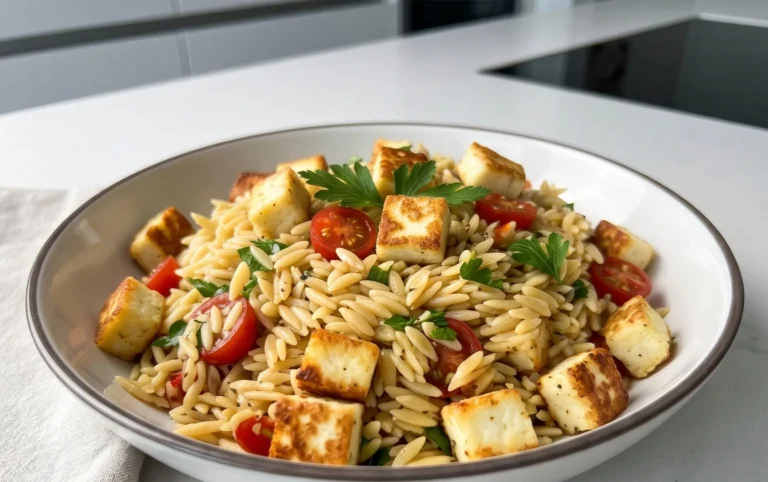 Kritharaki-Salat mit Halloumi-Croutons