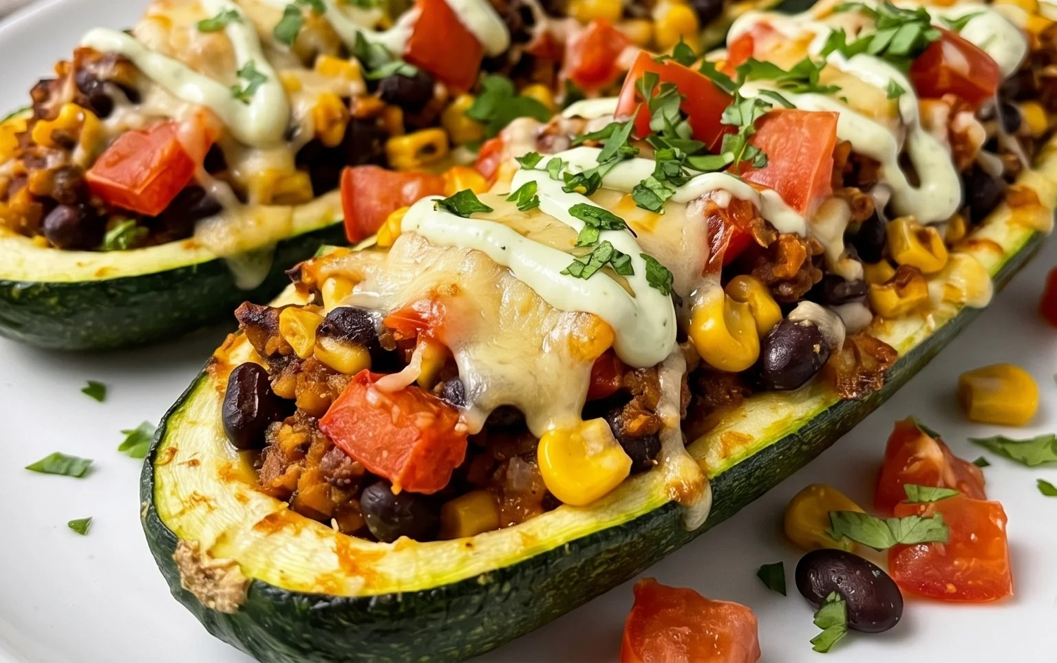 Gefüllte Zucchini-Schiffchen nach mexikanischer Art (Low Carb, Vegan)