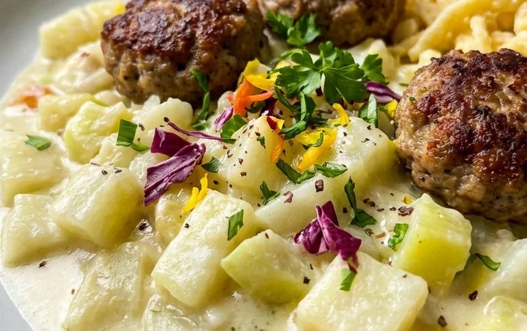 Kohlrabigemüse in heller Soße mit Frikadellen und Spätzle