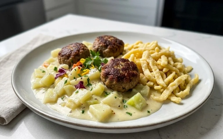 Kohlrabigemüse in heller Soße mit Frikadellen und Spätzle