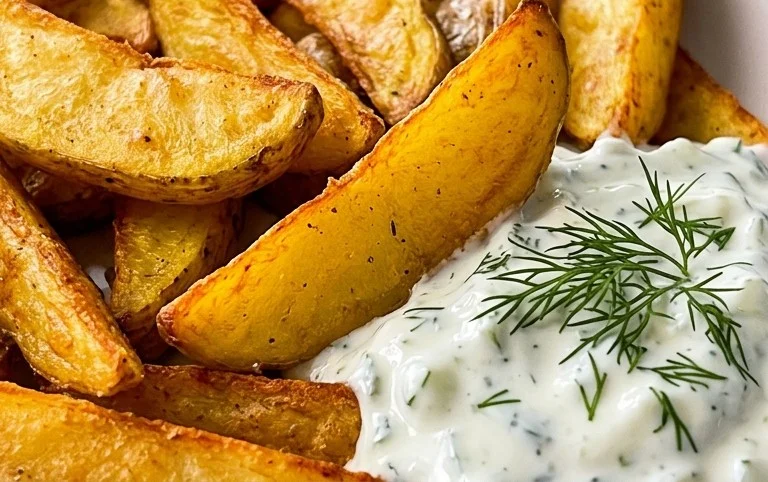 Kartoffelspalten mit Gurkendip