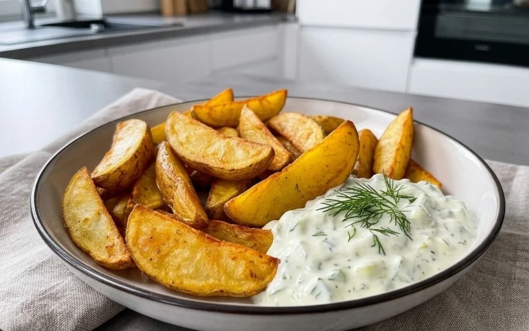 Kartoffelspalten mit Gurkendip