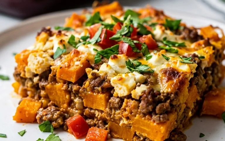 Süßkartoffel-Hackfleisch-Auflauf mit Feta