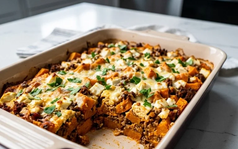 Süßkartoffel-Hackfleisch-Auflauf mit Feta