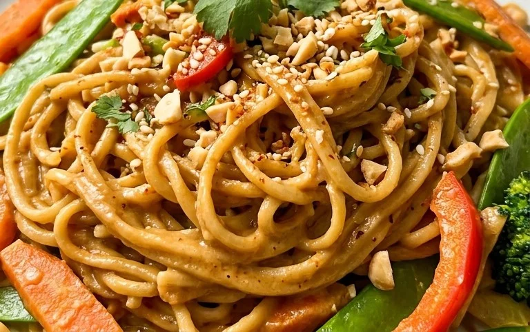 Mie Nudeln mit Erdnusssauce und Gemüse