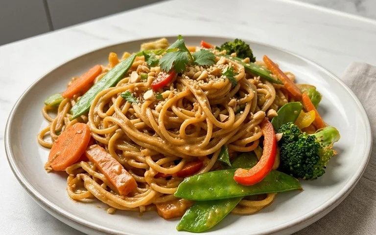 Mie Nudeln mit Erdnusssauce und Gemüse