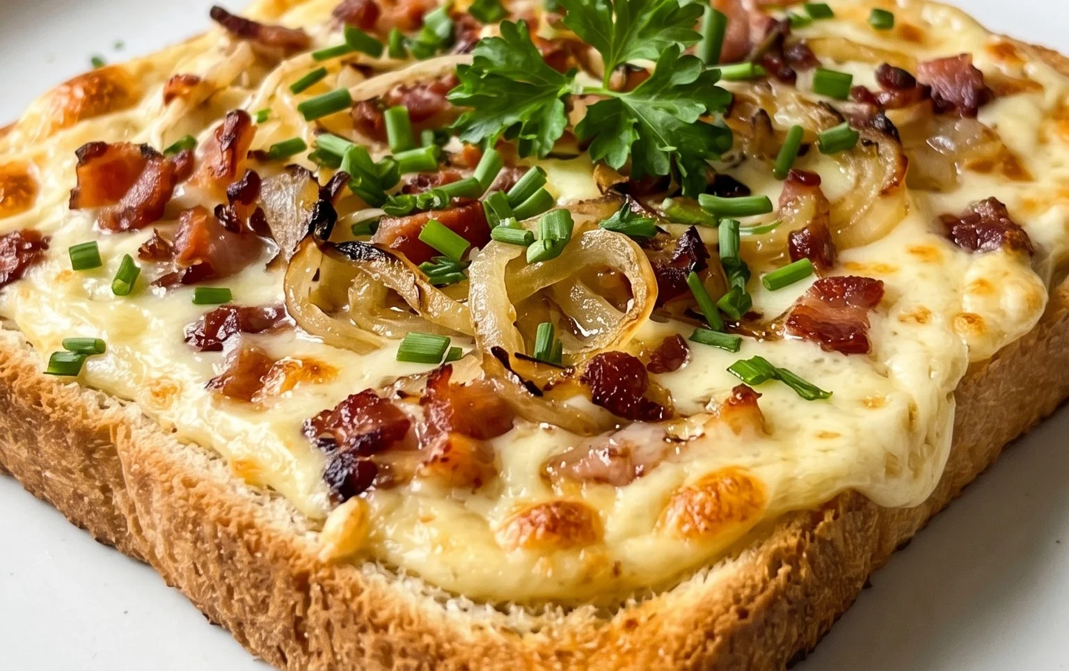 Flammkuchen Toast mit Speck und Zwiebeln