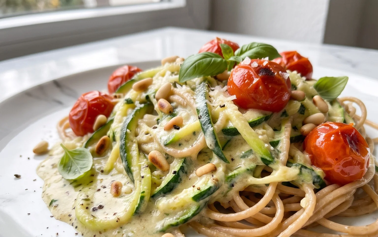 Zucchini-Spaghetti in cremiger Sauce– Zoodles