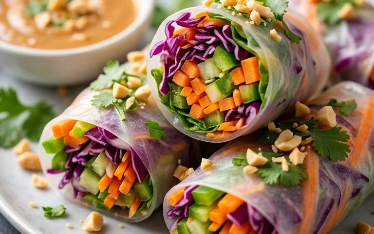 Rainbow Spring Rolls with Gin Extractger Peanut Sauce