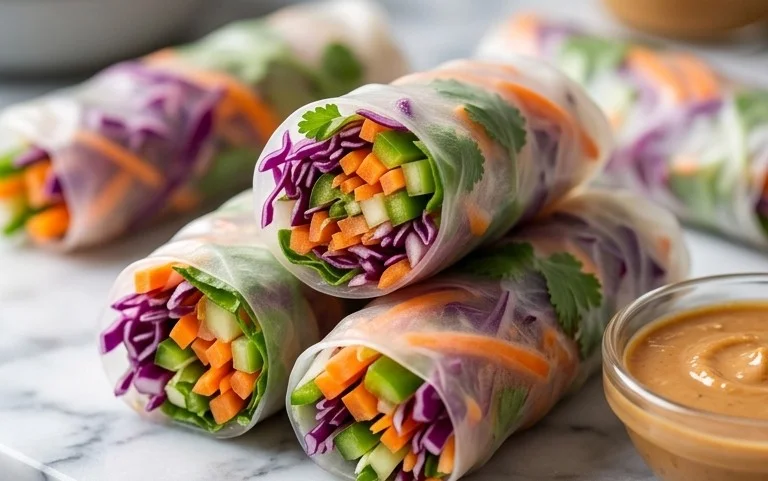 Rainbow Spring Rolls with Gin Extractger Peanut Sauce