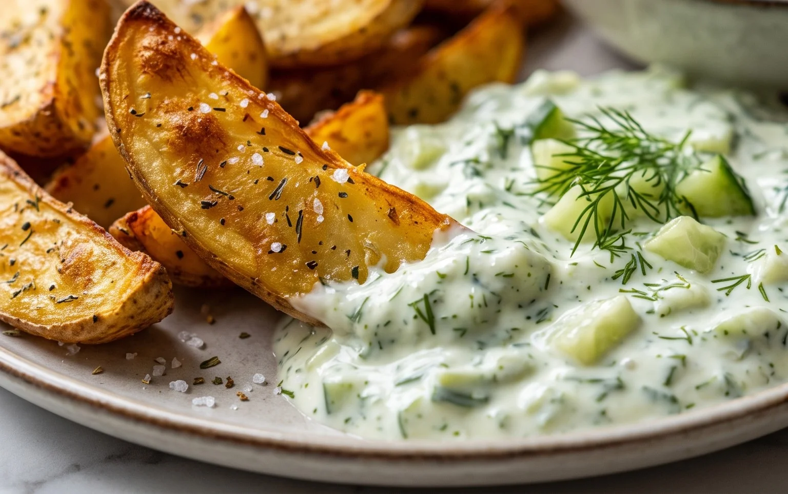 Kartoffelspalten mit Gurkendip