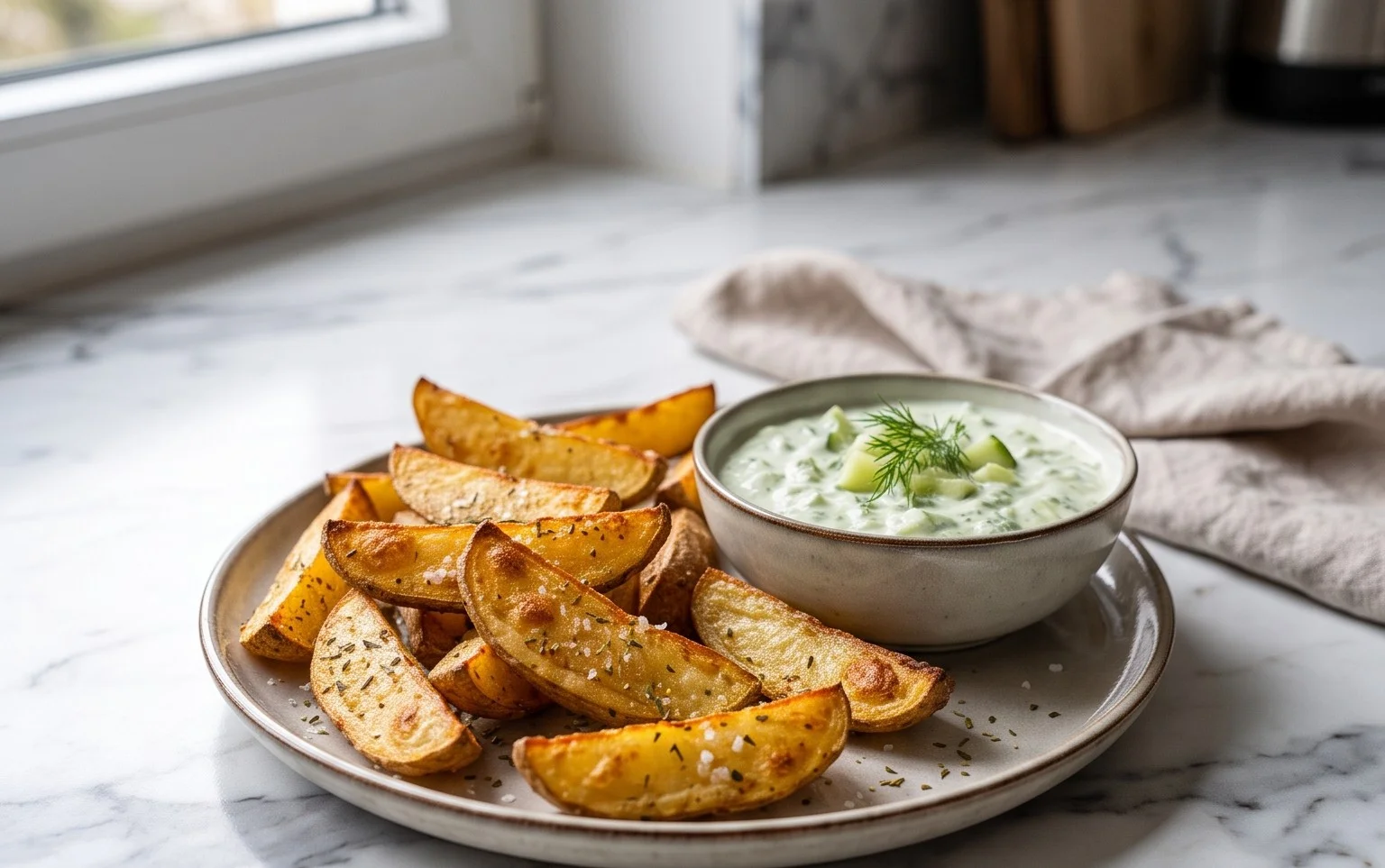 Kartoffelspalten mit Gurkendip
