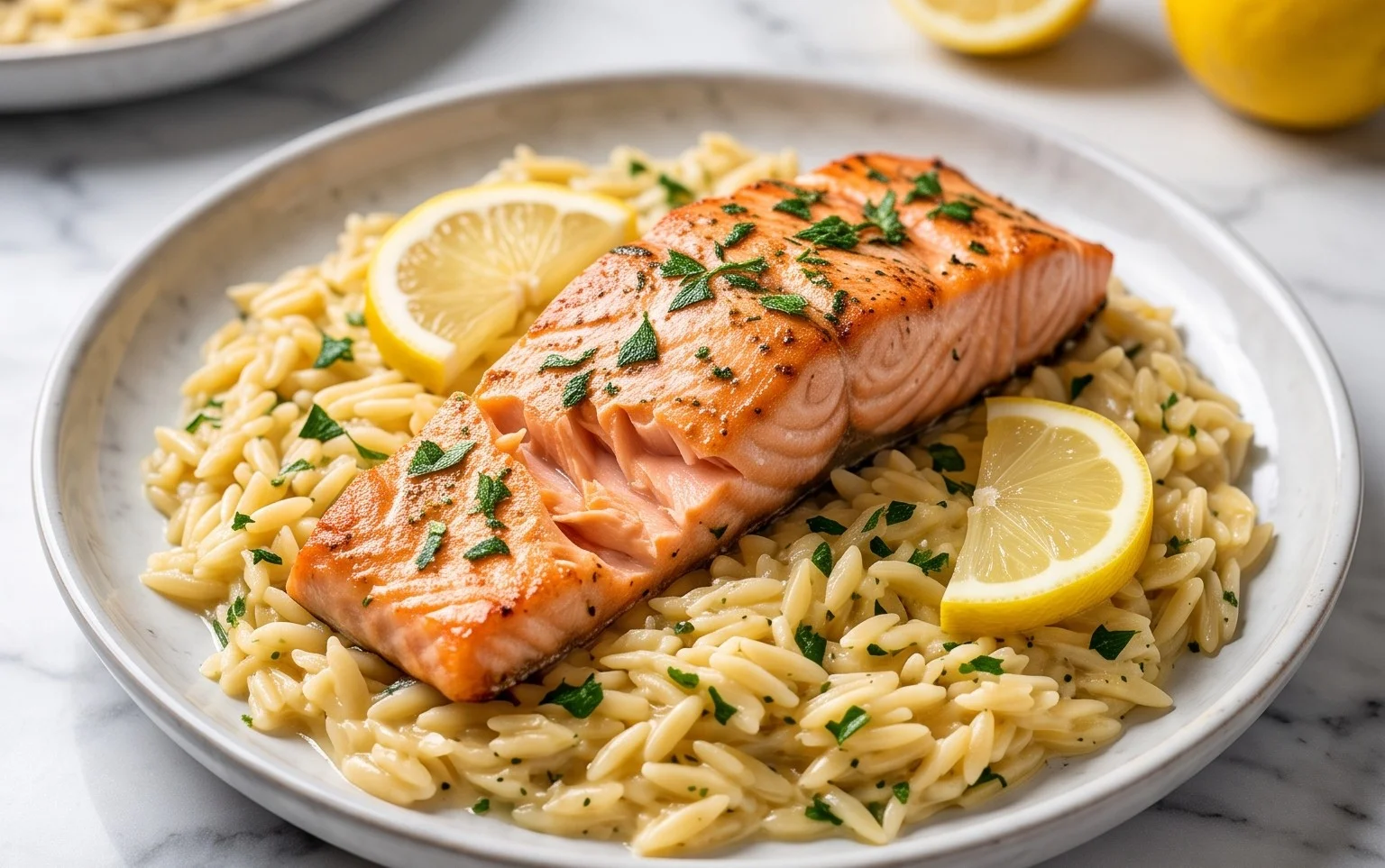 One Skillet Salmon with Lemon Orzo