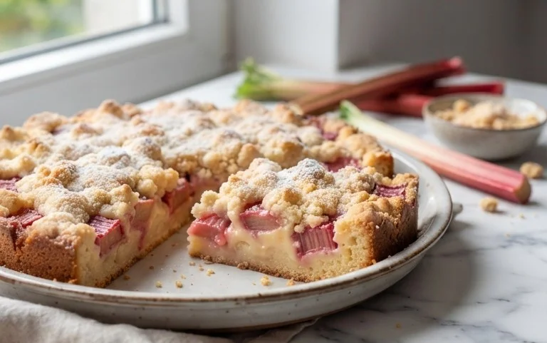 Rhabarberkuchen mit Pudding und Streuseln – wie von Oma