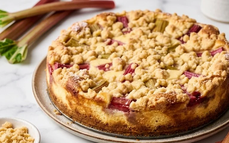 Rhabarber Quarkkuchen mit Butterstreuseln